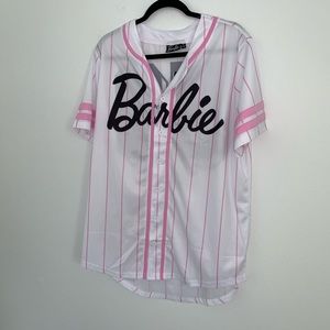 Barbie white pink black stripe jersey top size large brand new with tags